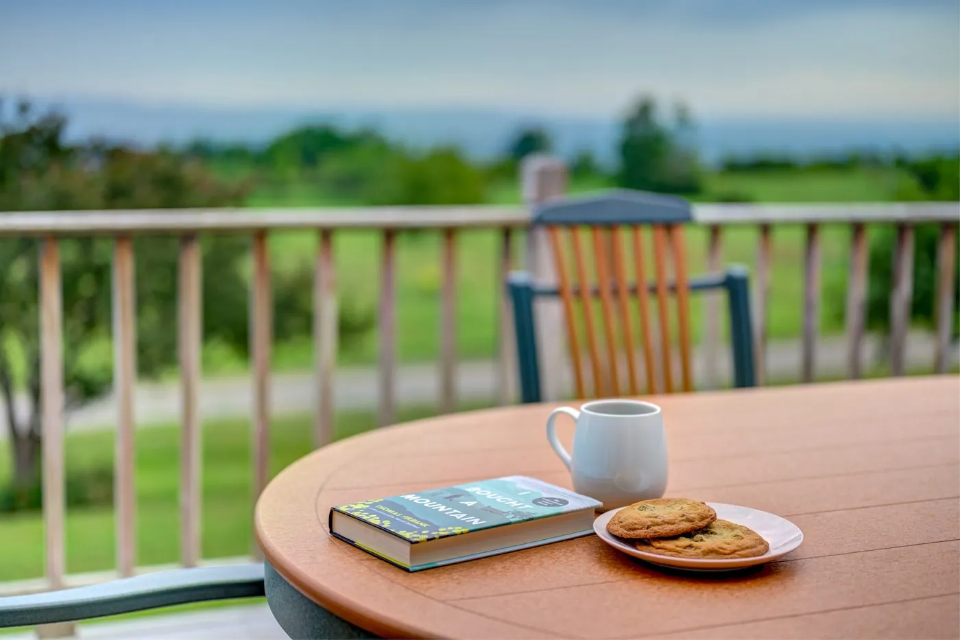 Coffee and a book on the deck table